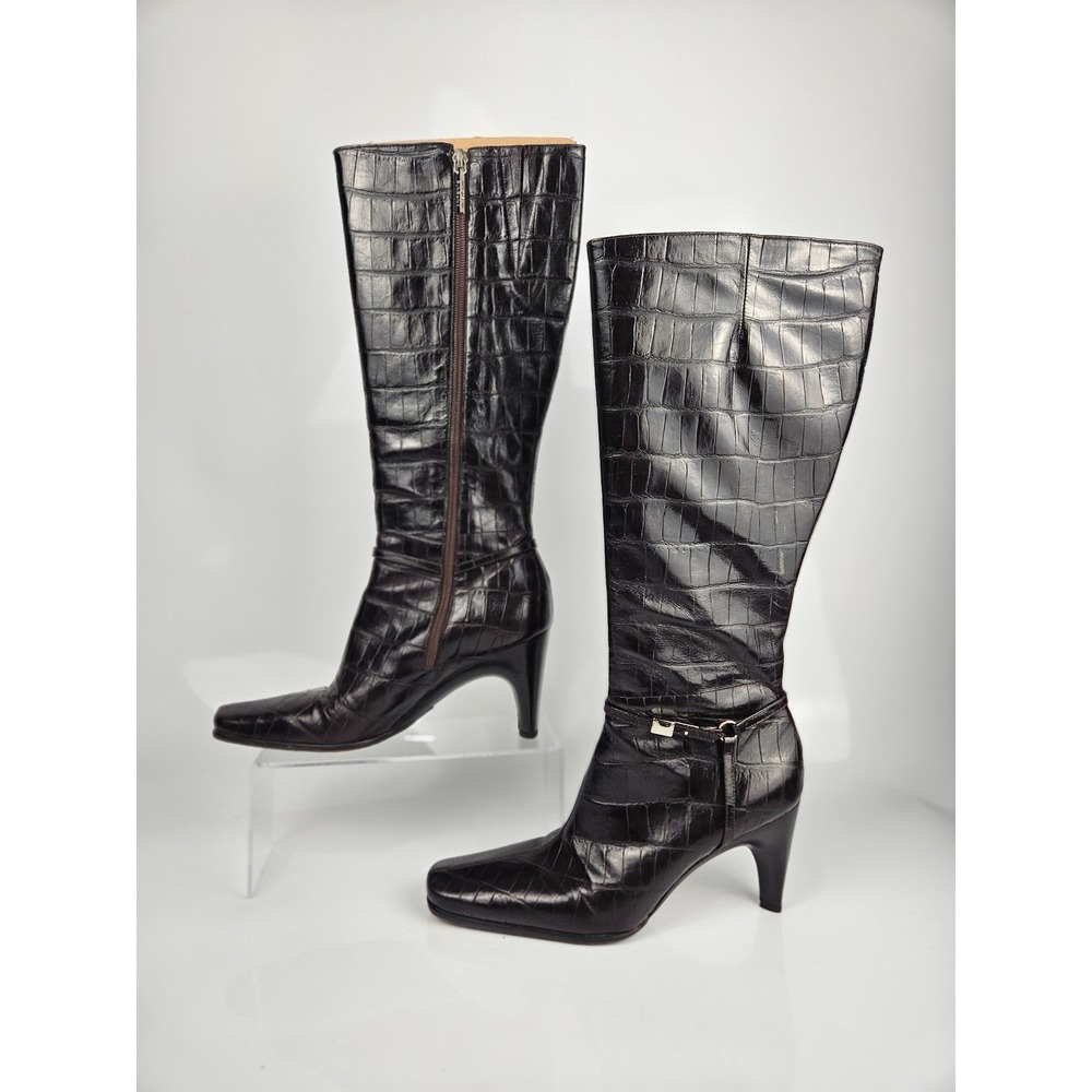 Antonio Melani Brown Embossed Crocodile Leather‎ Knee High Boots Heel Square Toe
